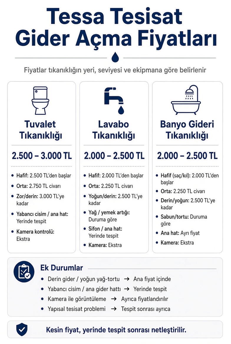 Tessa Tesisat gider açma fiyatları: tuvalet tıkanıklığı 2.500–3.000 TL, lavabo ve banyo gideri tıkanıklığı 2.000–2.500 TL